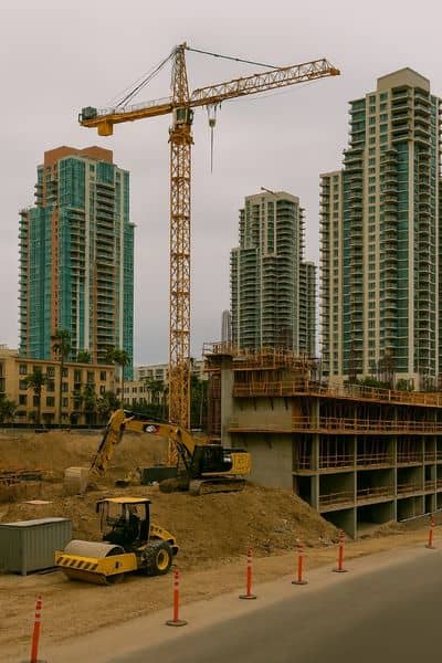 Construction site in San Diego with cranes and high-rise buildings, illustrating the importance of ALTA surveys for property buyers and investors.
