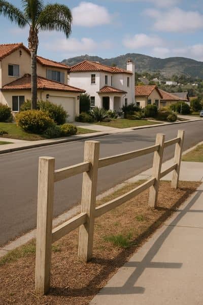 Misaligned wooden fence in a San Diego neighborhood inspected during a boundary survey for property line accuracy.
