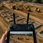 Drone controller screen displaying aerial survey images of construction progress at a San Diego development site