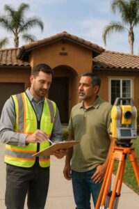 Surveyor explaining FEMA elevation certificate process to a homeowner outside a San Diego house