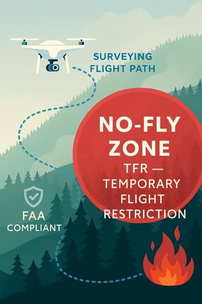 Infographic of drone surveying flight path showing FAA no-fly zone with Temporary Flight Restriction
