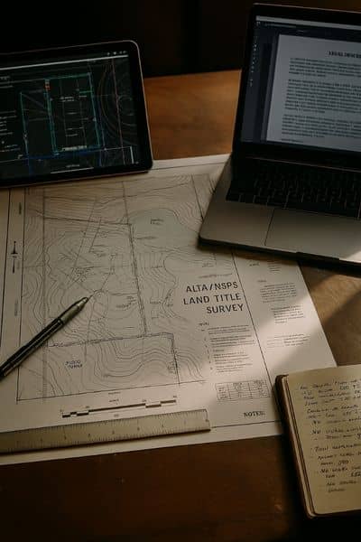 ALTA Land Title Survey document with digital site plans and notes showing how survey data supports accurate construction and boundary verification