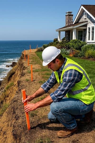Surveyor placing boundary line stakes near a coastal home on a bluff to mark property limits and prevent erosion risks.
