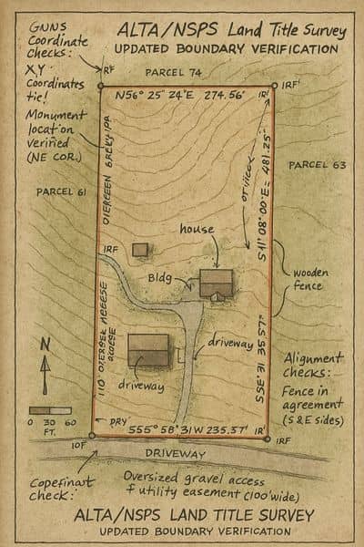 Updated alta land title survey map showing verified property boundaries, coordinates, and notes for boundary verification after land changes

