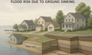 Flood elevation survey diagram showing how ground sinking can increase flood risk for homes