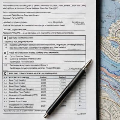 A FEMA Elevation Certificate reviewed alongside flood maps and elevation data for a residential property