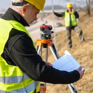 Licensed land surveyors reviewing site plans and measurements during professional field surveying work
