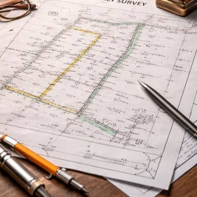 Certified property map and documents reviewed during a boundary survey to verify legal land ownership in a dispute