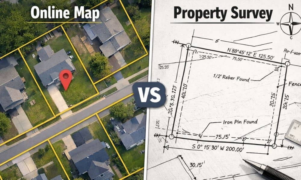 Comparison between an online parcel map and a professional property survey drawing showing boundary differences