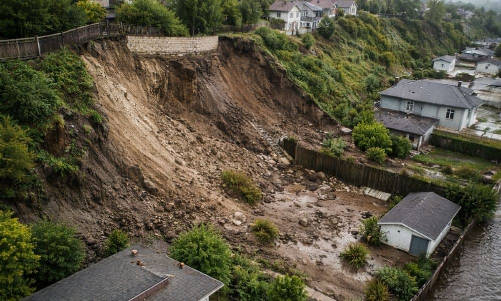 Aerial survey view of hillside homes showing soil erosion and slope movement after heavy storm damage