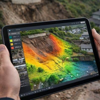 Engineer reviewing aerial survey elevation data of a storm-damaged hillside property