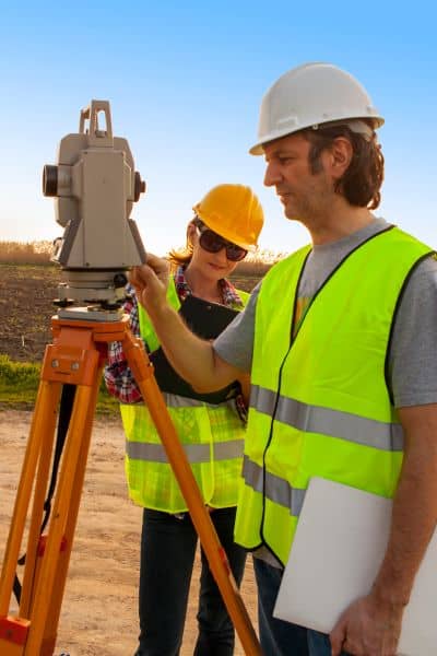 Licensed surveyors conducting a property survey using total station equipment to verify lot boundaries