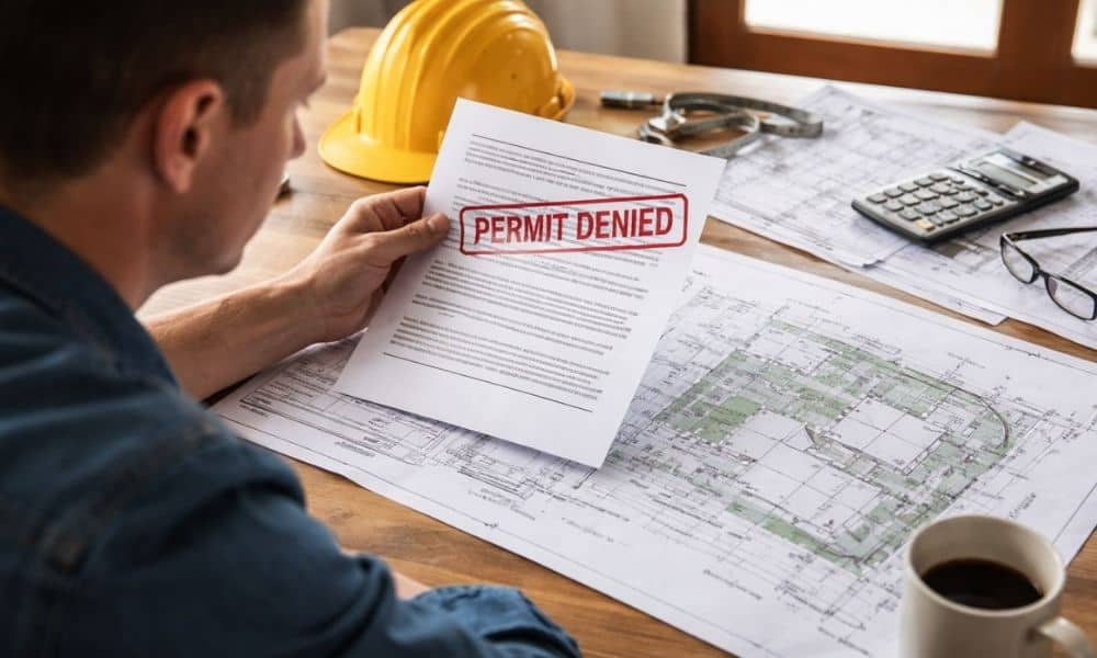 Homeowner reviewing building plans and a property survey after receiving a permit denial notice for missing plat records
