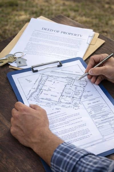 Homeowner reviewing a survey map and property documents before a property line survey