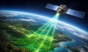 Satellite scanning Earth with laser beams during lidar mapping to measure terrain elevation and land features