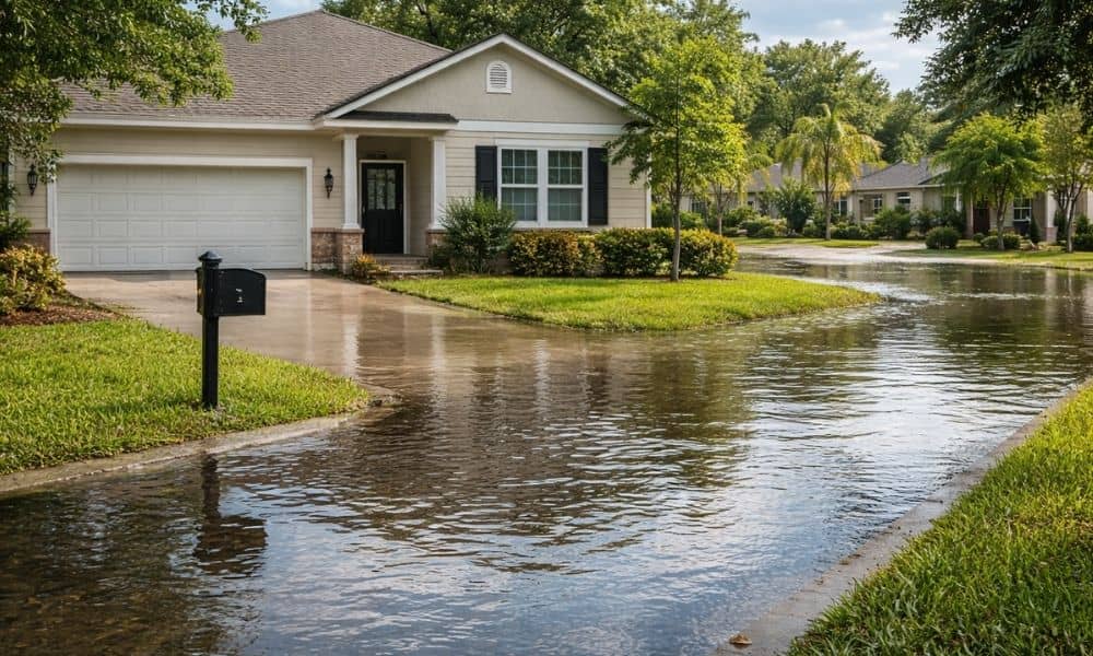 A suburban home with water pooling near the street, showing conditions where a FEMA elevation certificate may be required