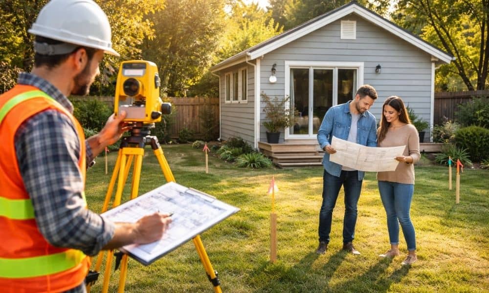 Surveyor measuring property boundaries for a backyard ADU project to ensure accurate land surveying before property division