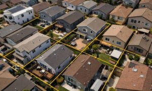 Aerial view of tightly spaced homes with visible property lines, showing why a boundary survey is important in small-lot housing
