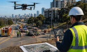 Drone surveyor monitoring aerial data from a drone during an urban emergency response scene