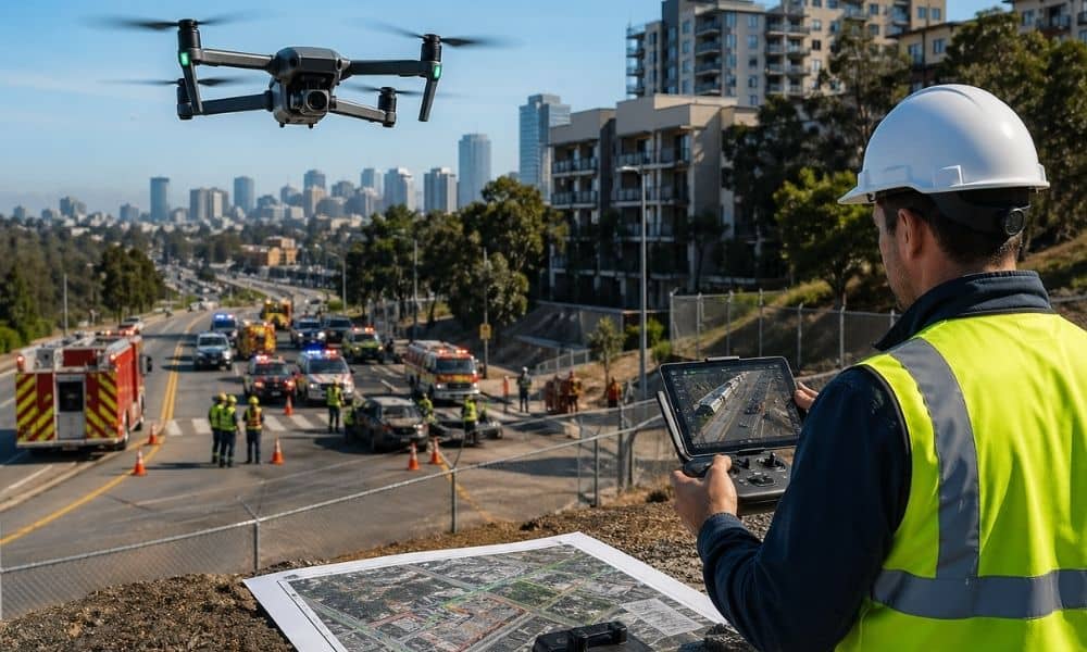 Drone surveyor monitoring aerial data from a drone during an urban emergency response scene