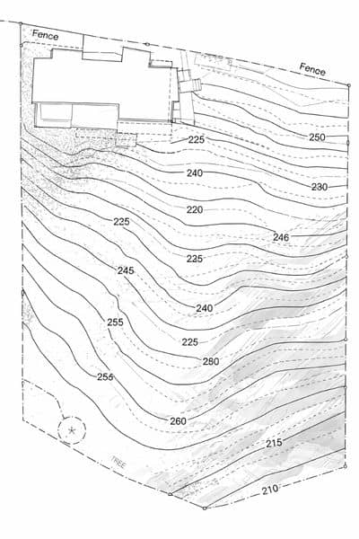 Topographic survey map showing contour lines and elevation changes on a sloped property