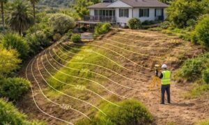 Topographic survey showing contour lines on a sloped yard before building a retaining wall