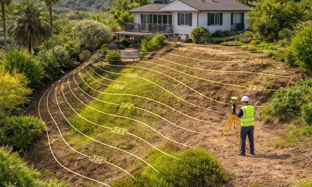 Topographic survey showing contour lines on a sloped yard before building a retaining wall