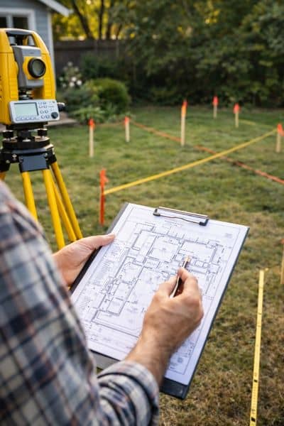 Surveyor using equipment to check property lines and site measurements for accurate land surveying during ADU planning