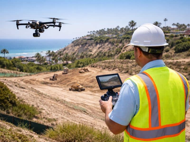 Surveyor using land mapping drones to capture site data in San Diego, CA for planning and development