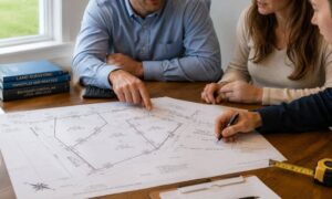 Homebuyers and a land survey professional reviewing a property survey map before a real estate purchase