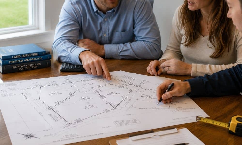 Homebuyers and a land survey professional reviewing a property survey map before a real estate purchase